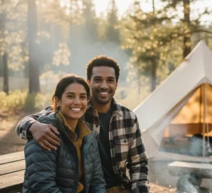 Smiling couple sits together at a campsite with a tent and trees in the background.