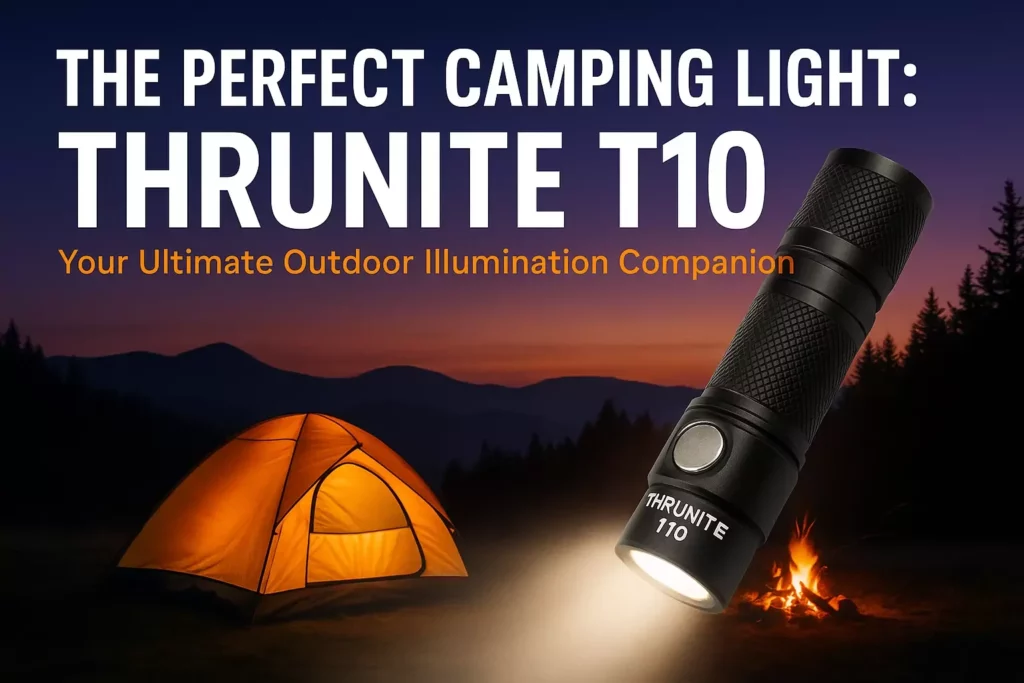 Flashlight shines near a tent and campfire at dusk; text promotes ThruNite T10 as a camping light.