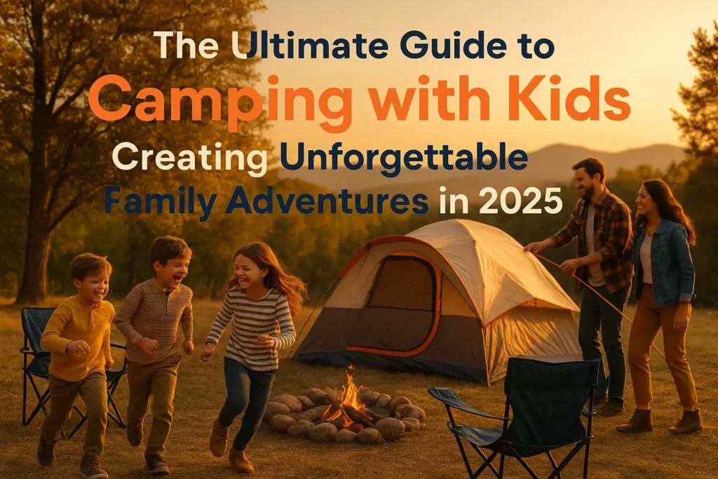 Family with two kids laughing near tent and campfire at sunset, with text about camping with kids in 2025.
