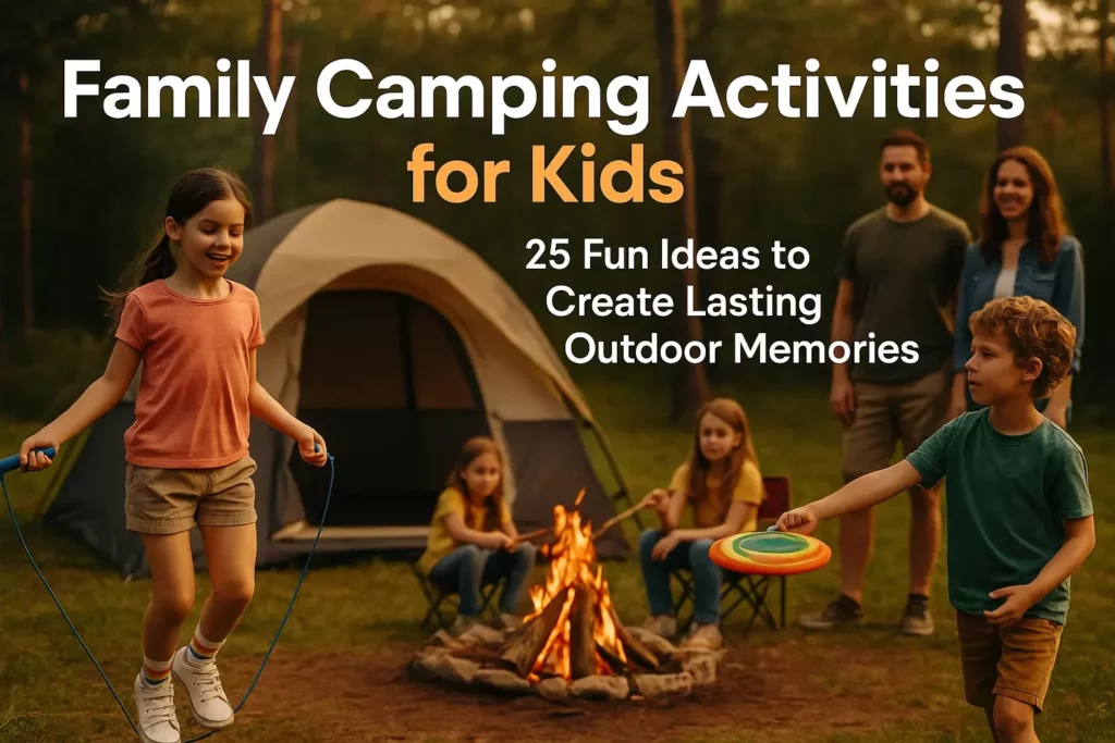 Two kids play by a campfire as adults watch, with a tent and trees in the background, text overlayed.