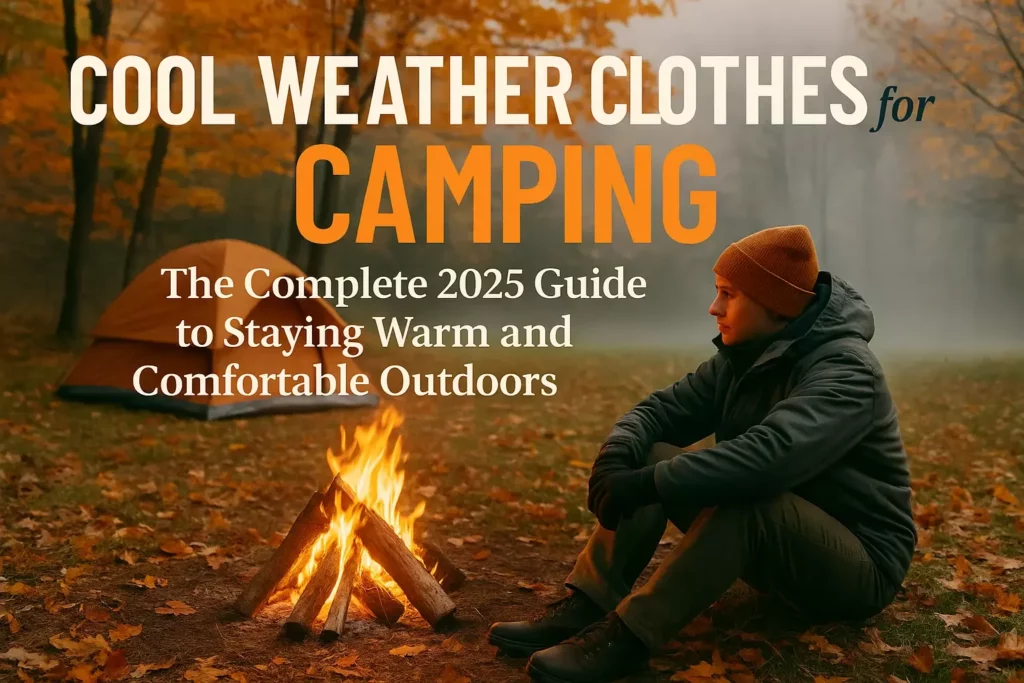 A person in warm clothes sits by a campfire near a tent in autumn woods; camping guide text overlaid.