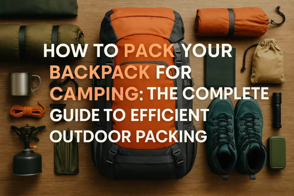 Orange backpack and camping gear, including boots, sleeping bag, mug, rope, and flashlight, arranged on a table.