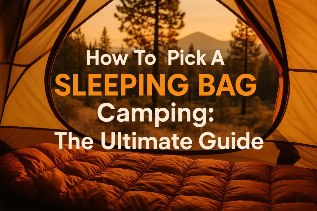 View from inside a tent at sunset, with text: How to Pick a Sleeping Bag Camping: The Ultimate Guide.