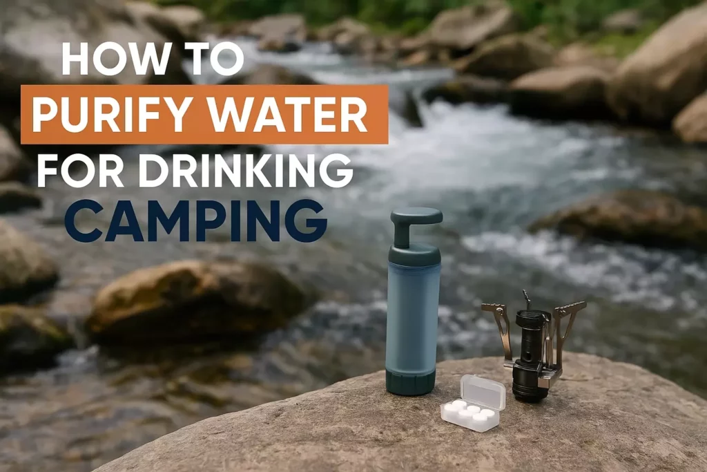 A water filter, stove, and tablets on a rock by a river with text: How to purify water for drinking camping.