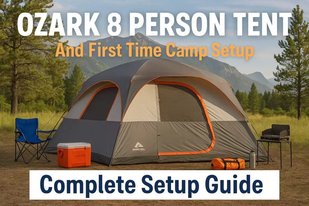 A large Ozark 8-person tent set up at a campsite with camping gear and mountains in the background.