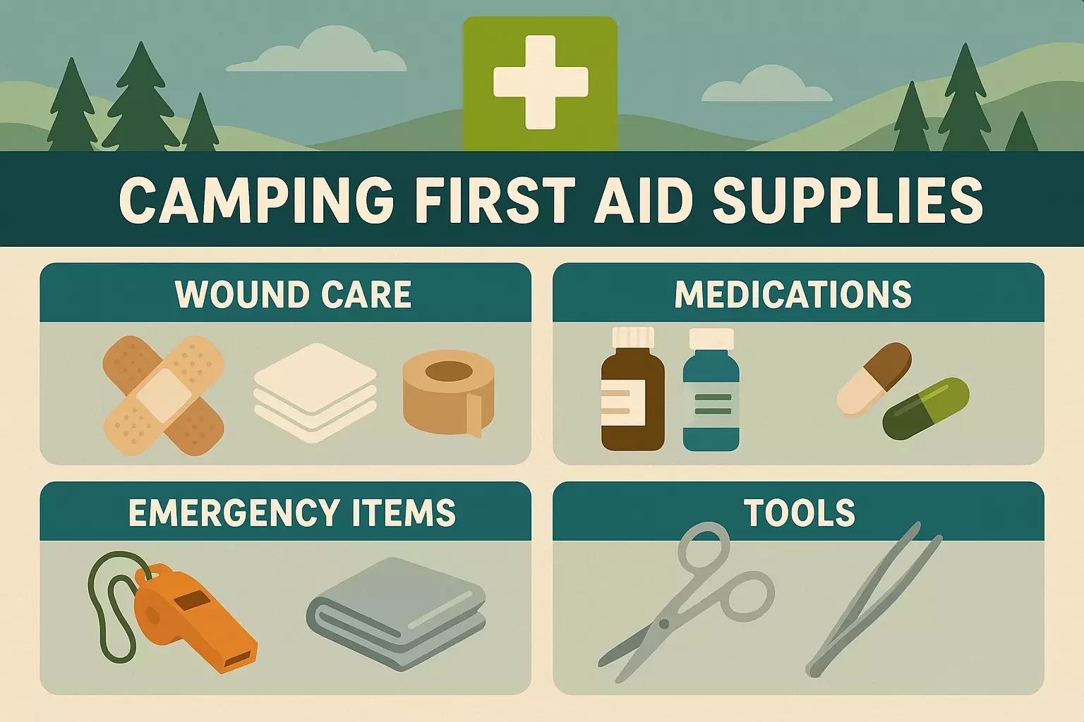 Camping first aid supplies: wound care, medications, emergency items, and tools illustrated with icons.