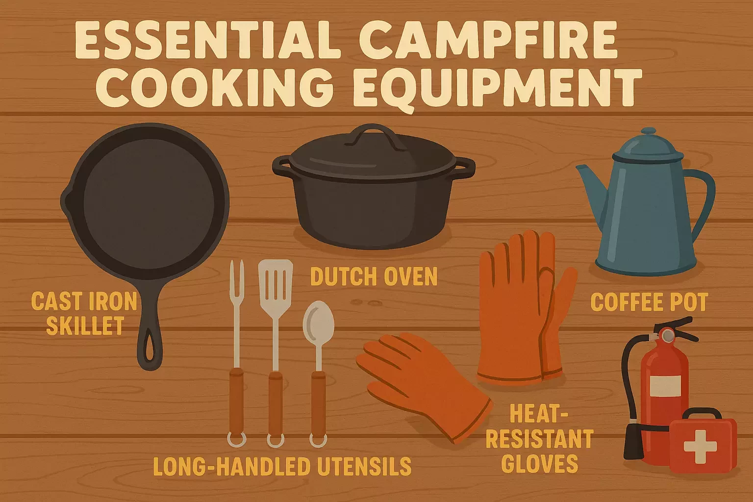 Illustration of essential campfire cooking equipment, including skillet, Dutch oven, coffee pot, utensils, gloves, and fire extinguisher.