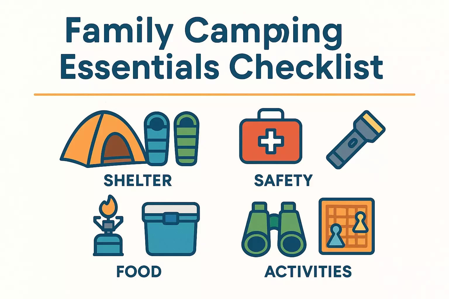 Family camping essentials checklist with icons: shelter, safety, food, and activities.
