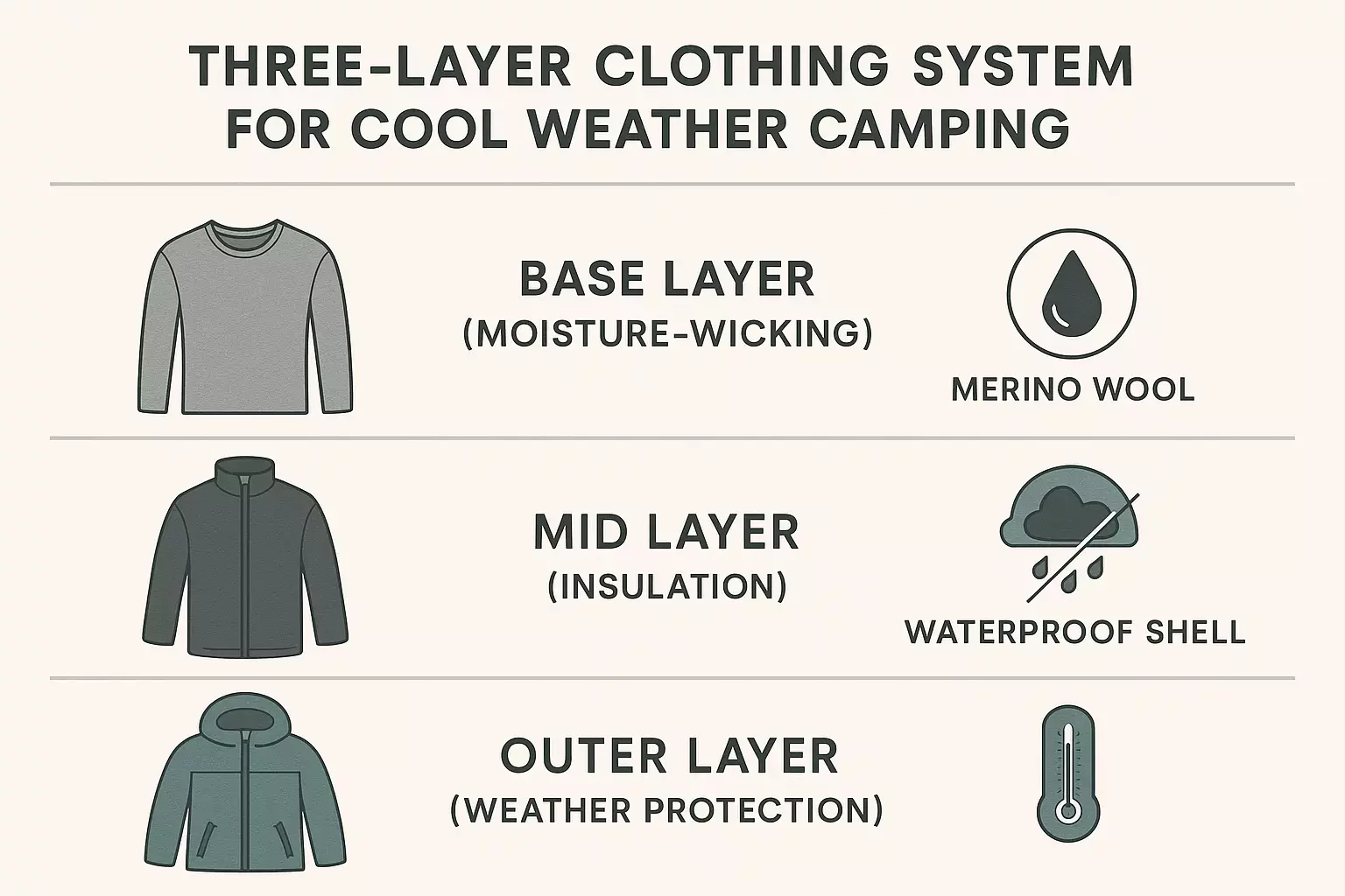 Infographic of a three-layer clothing system for cool weather camping: base, mid, and outer layers with icons.