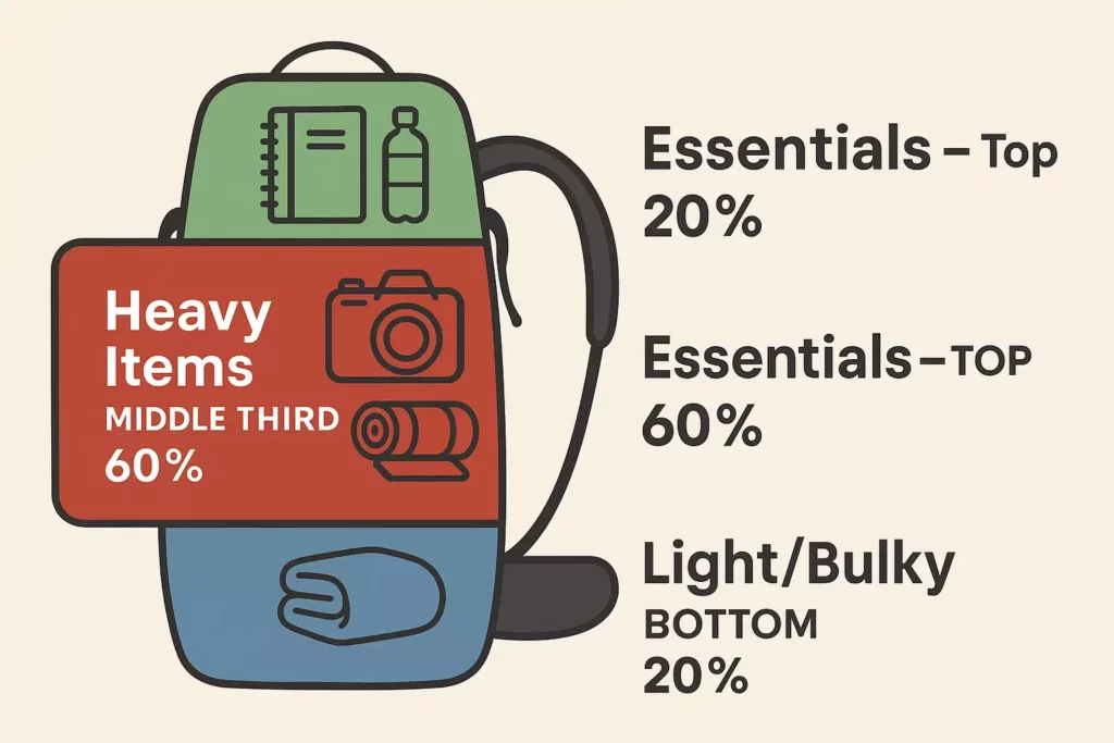 Diagram of a backpack showing where to pack heavy, essential, light, and bulky items with corresponding percentages.