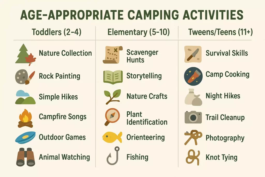 A chart with age-appropriate camping activities for toddlers, elementary kids, and tweens/teens, with icons.