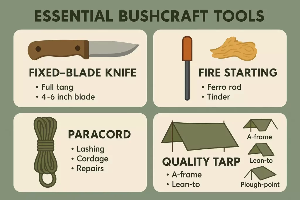 Infographic showing essential bushcraft tools: knife, fire starter, paracord, and tarp with brief uses.