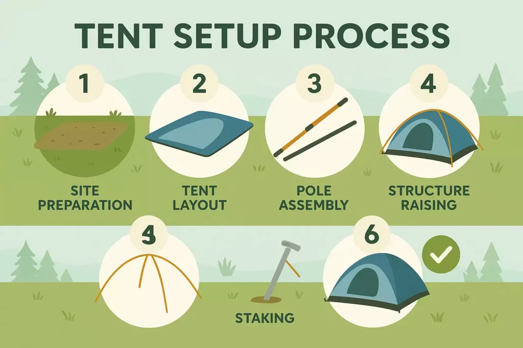 Illustrated steps for setting up a tent: site prep, layout, poles, raising, staking, and finished tent.