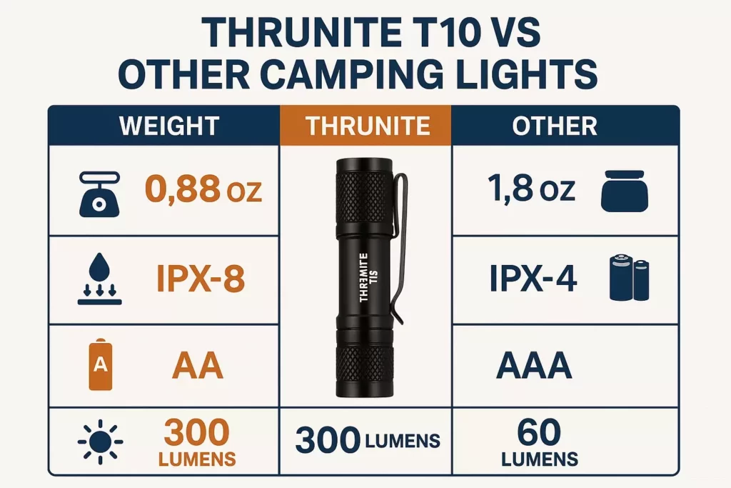 Comparison chart: ThruNite T10 flashlight vs other lights; specs shown for weight, battery, lumens, and IP rating.