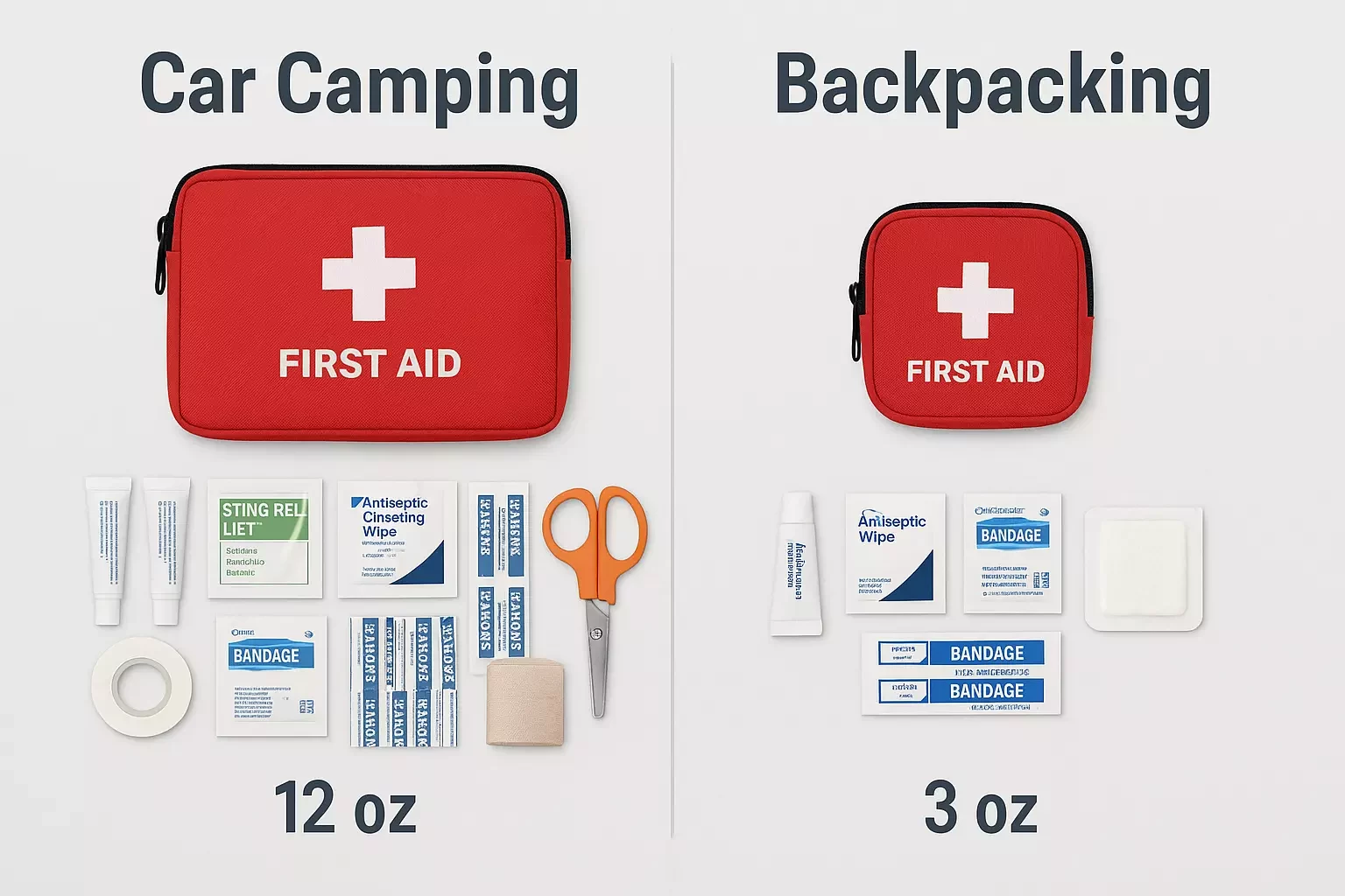 Car camping vs backpacking first aid kits; car kit is larger with more items, backpacking kit is smaller.