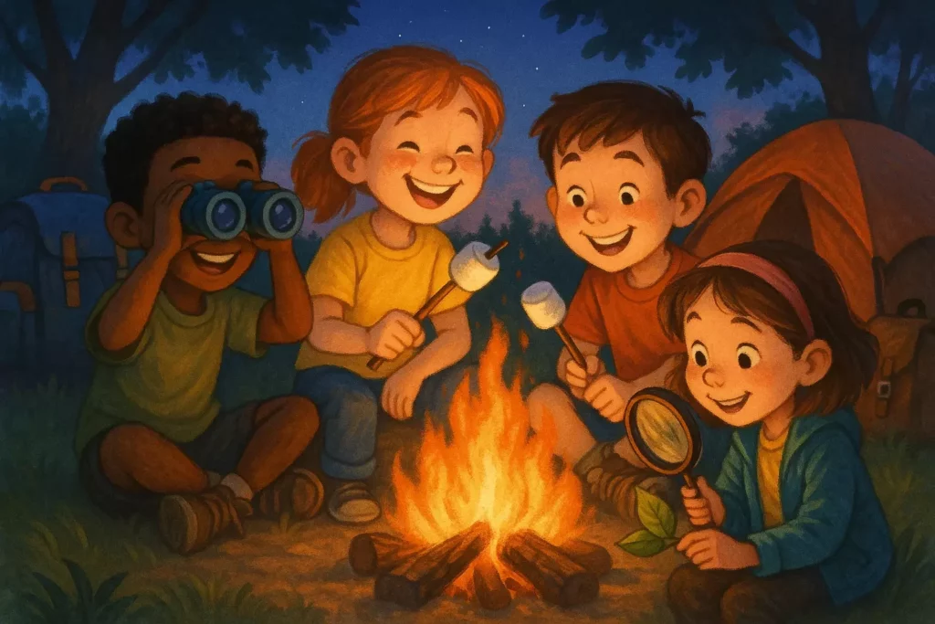 Four happy kids roast marshmallows and explore with binoculars and a magnifying glass around a campfire.
