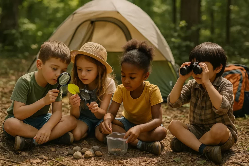 Four children sit by a tent in the woods, exploring nature with magnifying glasses and binoculars.