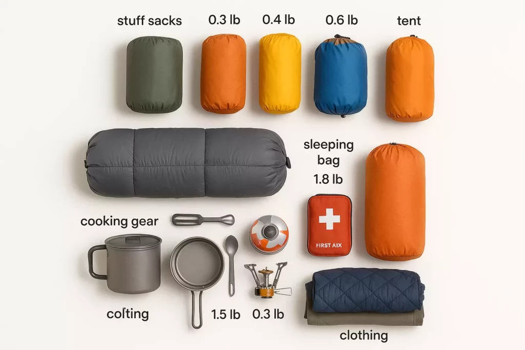 Camping gear neatly arranged: labeled sacks, tent, sleeping bag, cooking gear, first aid kit, and clothing.
