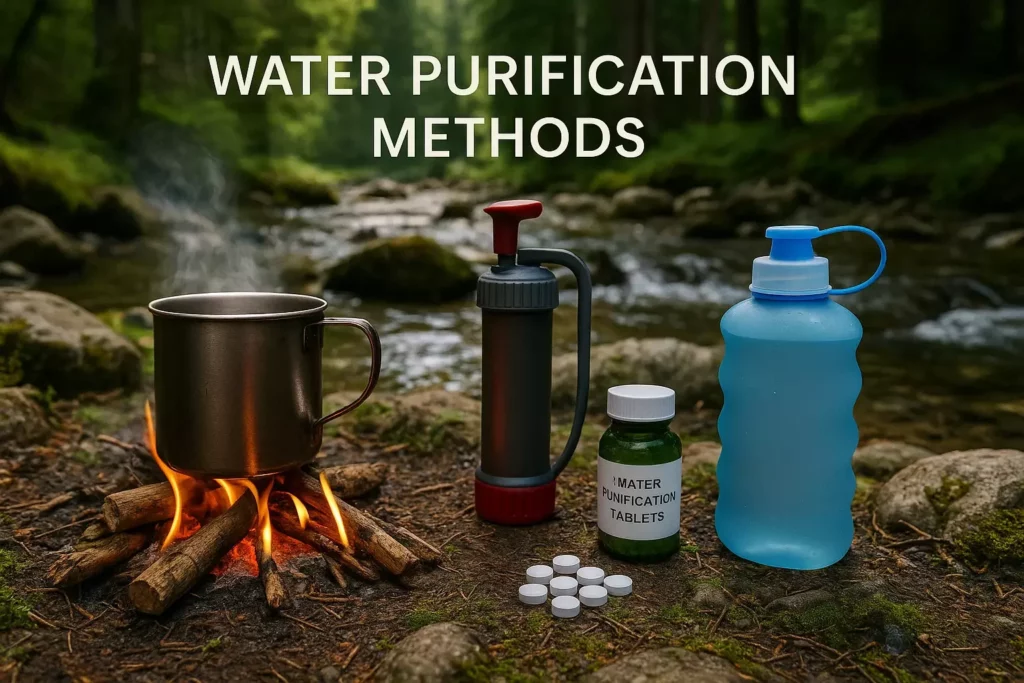 A forest stream scene shows boiling, pump filter, tablets, and a water bottle for water purification methods.