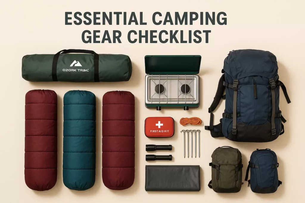 Camping essentials including sleeping bags, stove, backpack, first aid kit, and other gear arranged neatly.