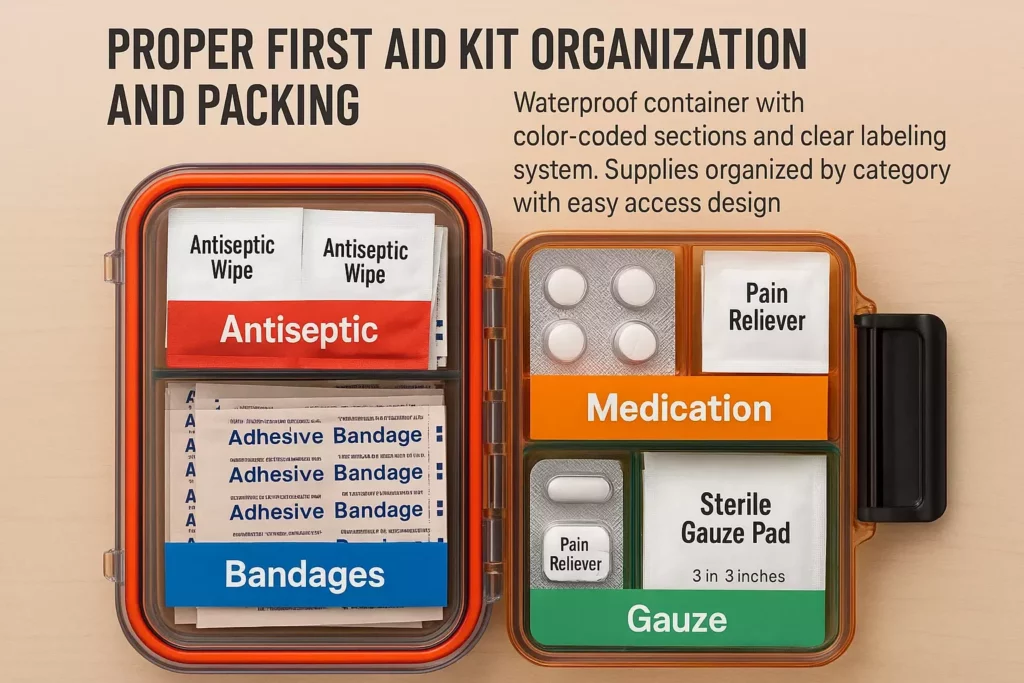 Open first aid kit with labeled sections for antiseptic, bandages, medication, and gauze in a waterproof case.
