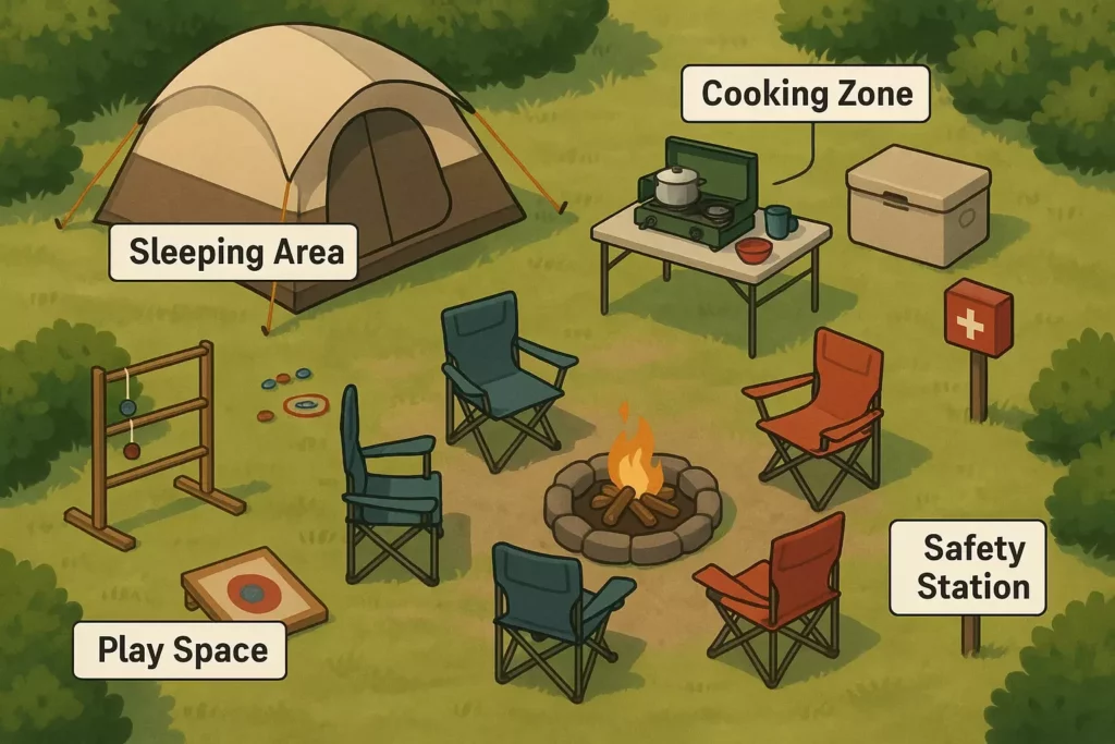 Labeled campsite with tent, campfire, chairs, cooking zone, safety station, and play space.