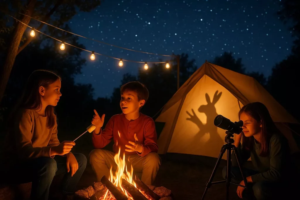 Three kids around a campfire at night, with a tent, string lights, and stars in the background.