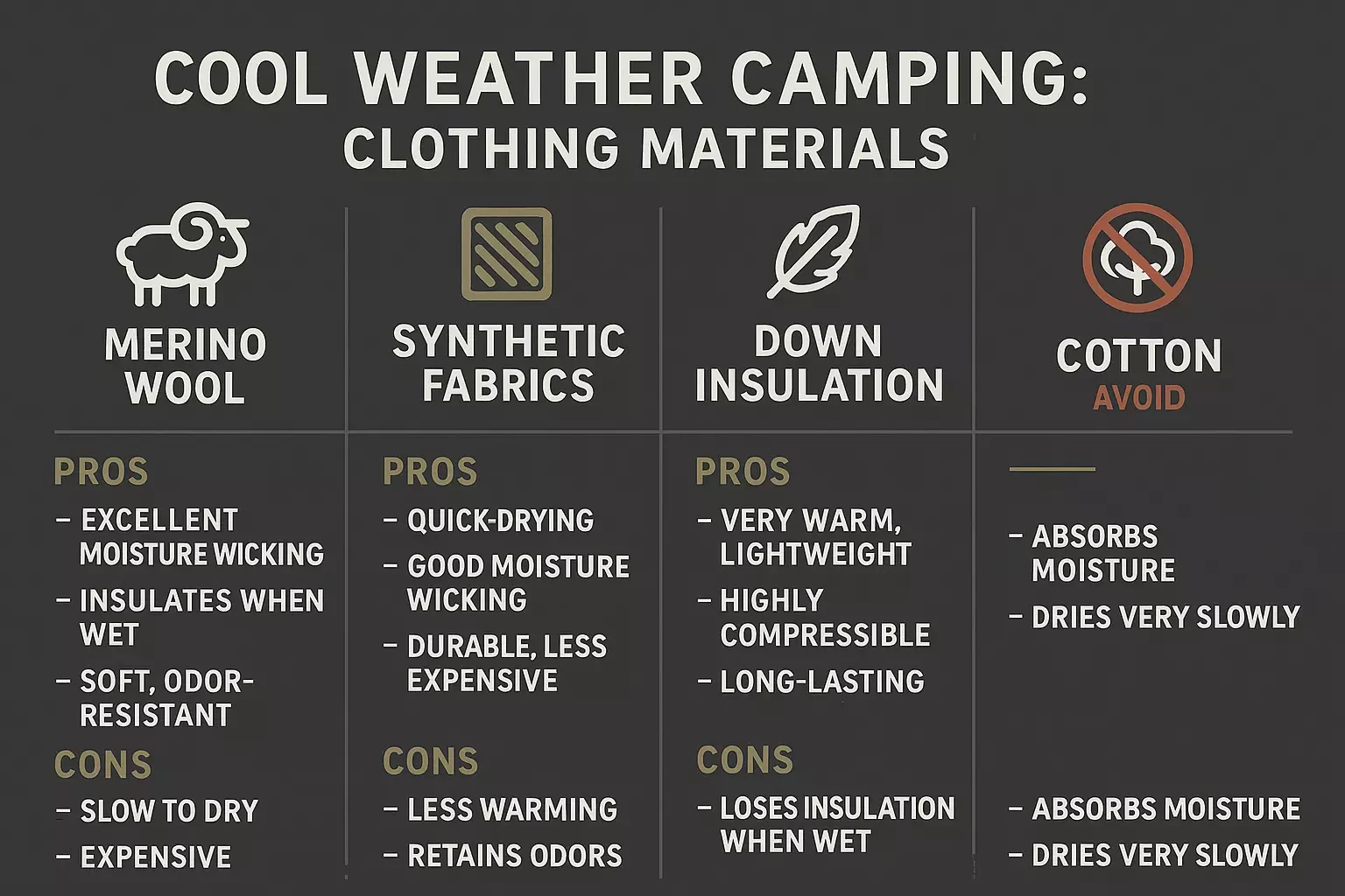 Infographic comparing pros and cons of merino wool, synthetic, down, and cotton for cool weather camping.