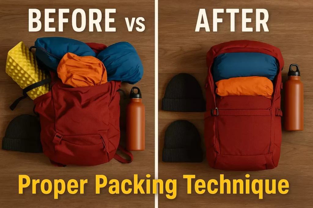 Side-by-side of backpacks: left overstuffed, right neatly packed, both with same items and text Proper Packing Technique.
