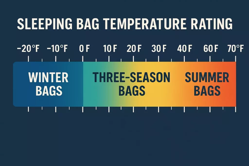 Chart showing sleeping bag ratings: winter (-20°F to 0°F), three-season (0°F to 30°F), summer (30°F to 70°F).