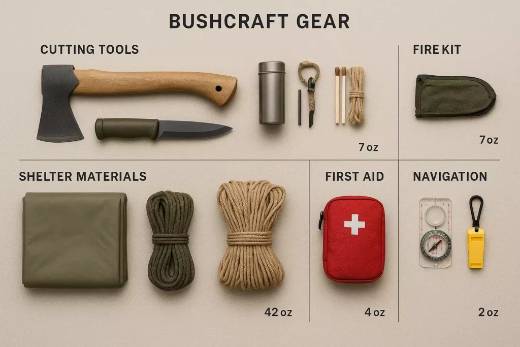 Bushcraft gear includes tools, fire kit, shelter materials, first aid, and navigation items on a beige background.