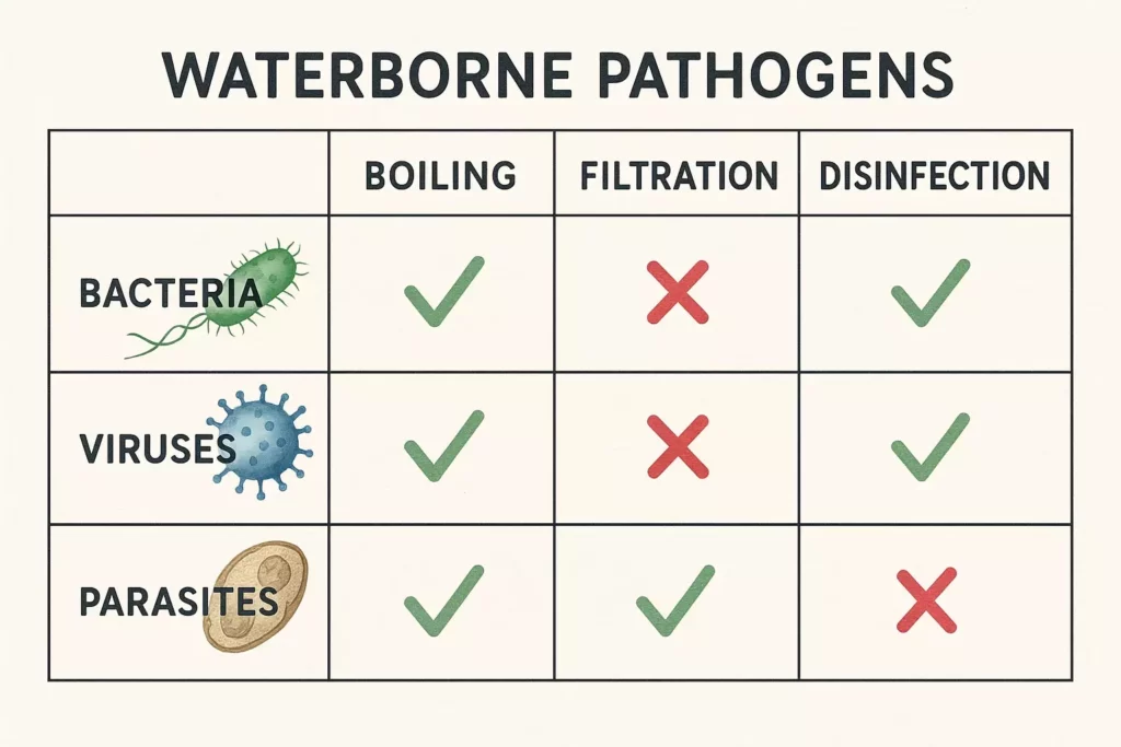 Chart showing which water treatments remove bacteria, viruses, and parasites by boiling, filtration, and disinfection.