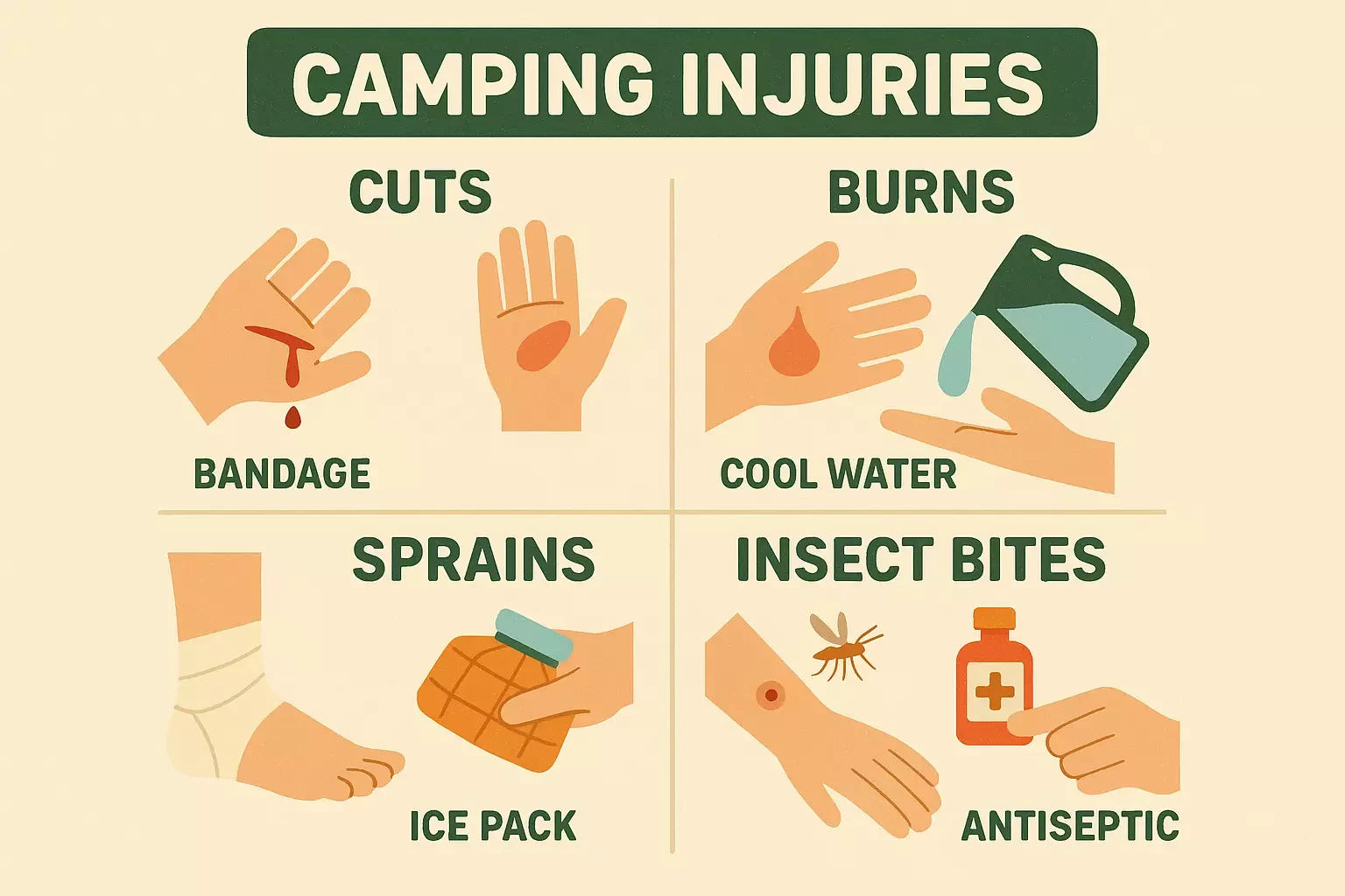 Infographic on camping injuries: cuts, burns, sprains, insect bites, with treatment illustrations for each.
