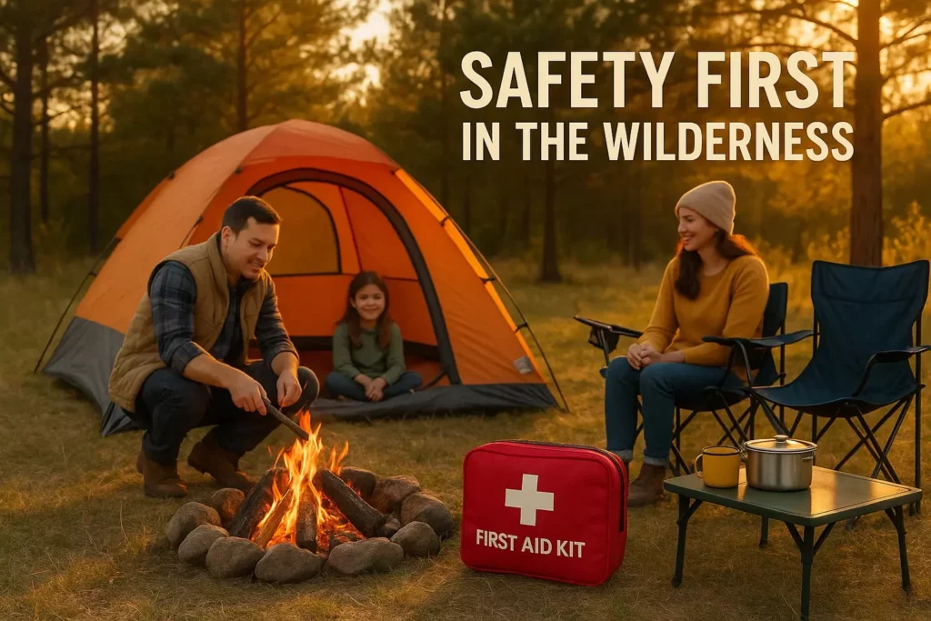 Family camping by a fire with a first aid kit, tent, and safety sign in the wilderness at sunset.